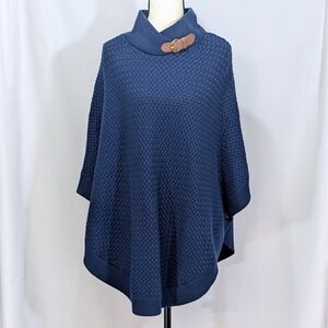 Banana Republic Blue Textured Knit Poncho Sweater Buckle Collar Side Buttons M